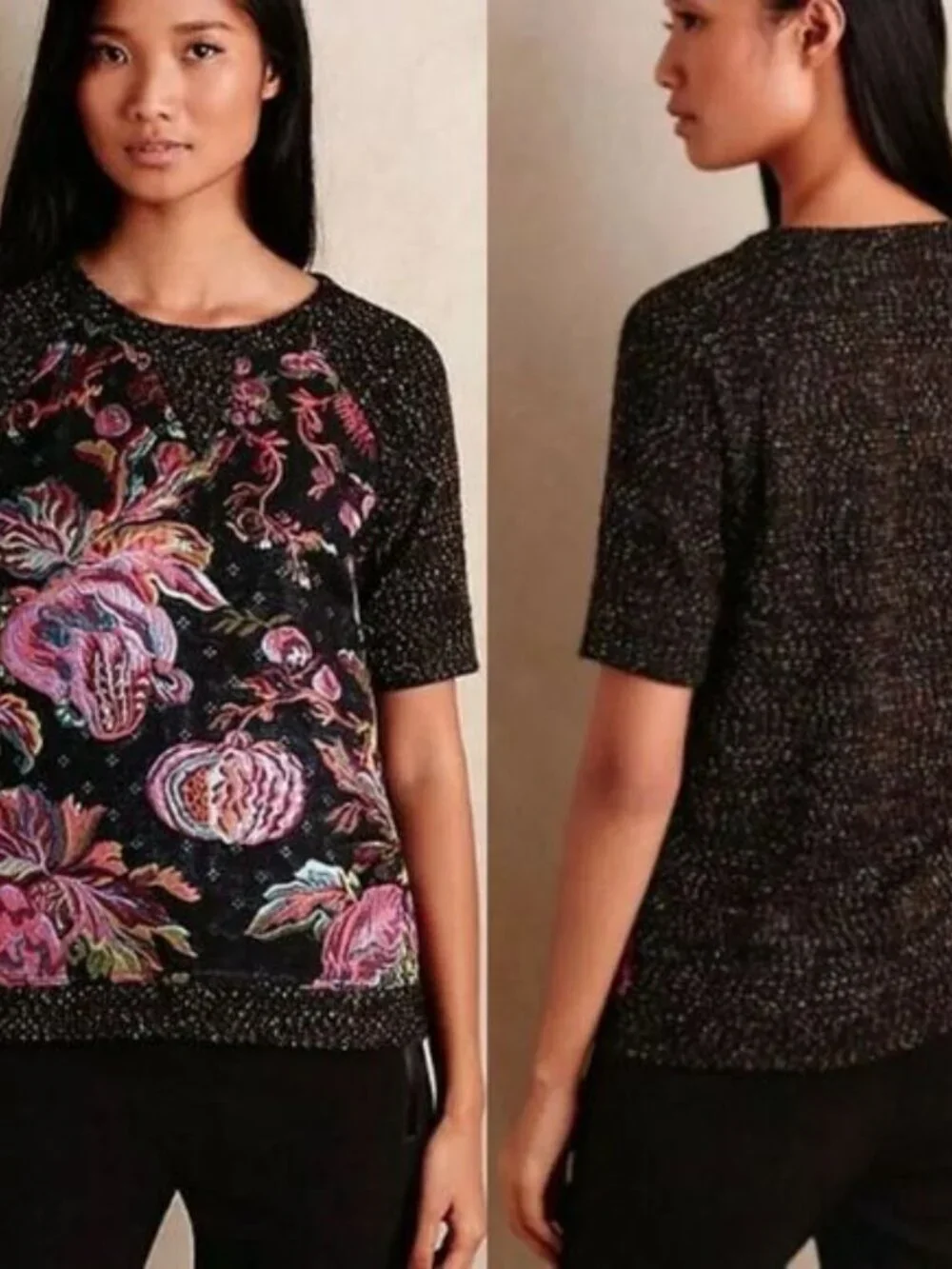 Anthropologie James Coviello Floral Brocade Spliced Metallic Knit Sweater